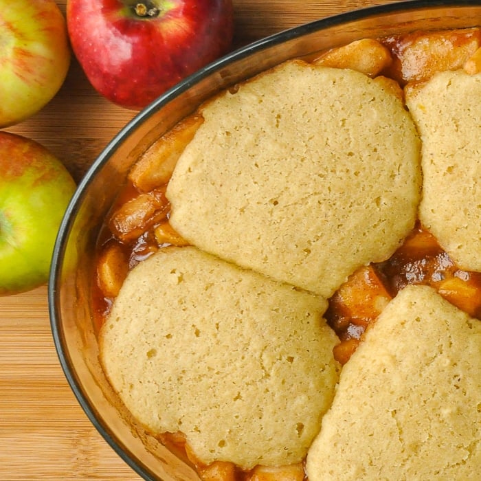 Apple cobbler close up photo of cobbler just out of the oven