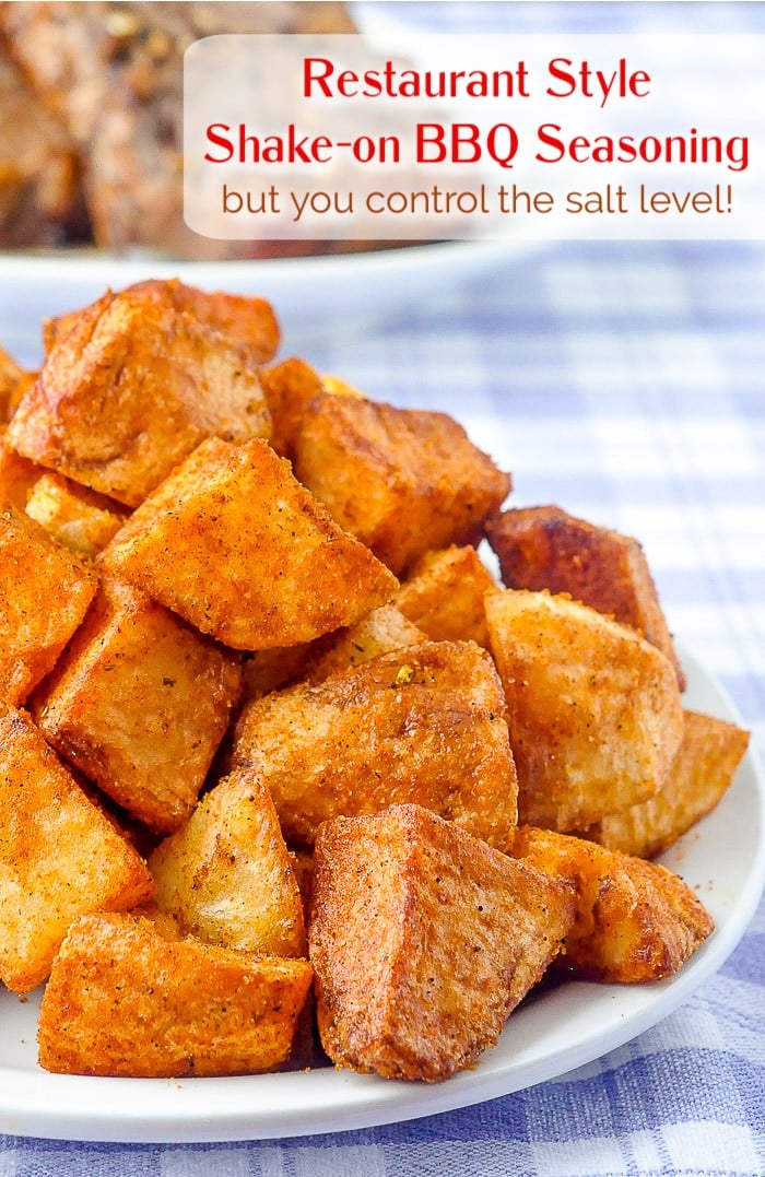 Barbecue Spice Mix Seasoning on Hash Browns with title text added for Pinterest