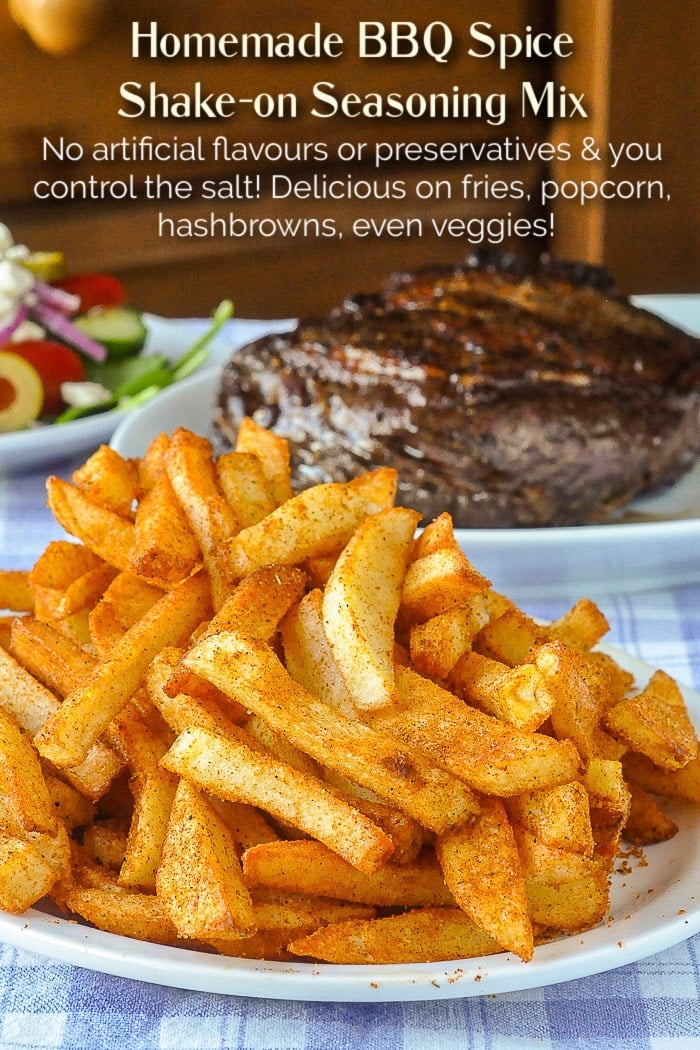 Barbecue Spice Mix Seasoning on crispy french fries photo with title text added for Pinterest