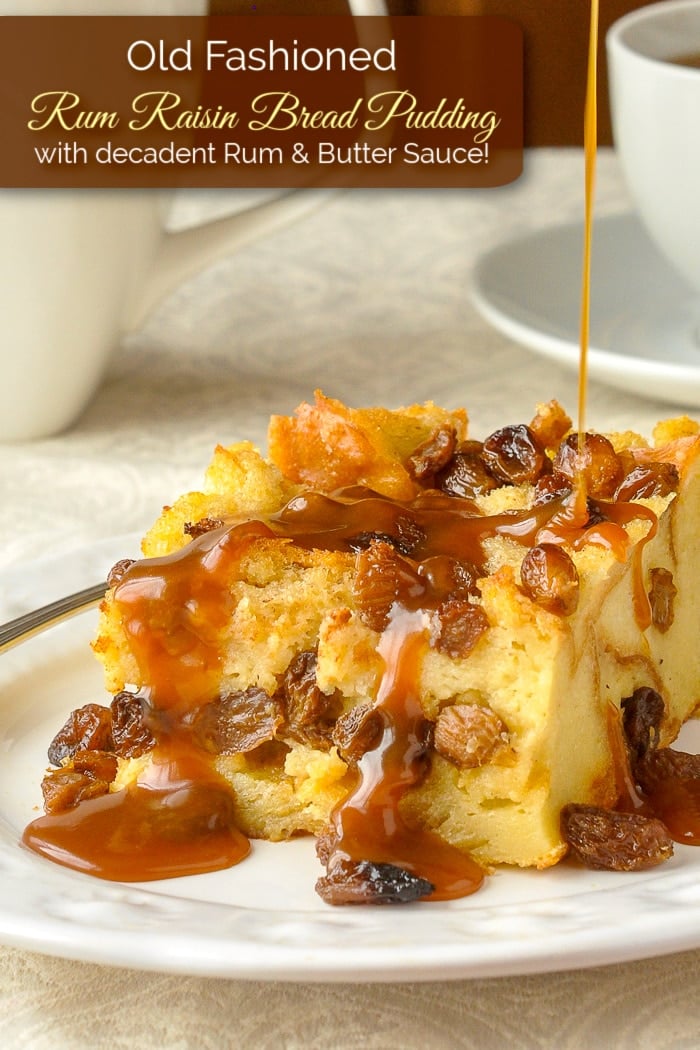 Rum Raisin Bread Pudding pictured s a single serving with title text added for Pinterest