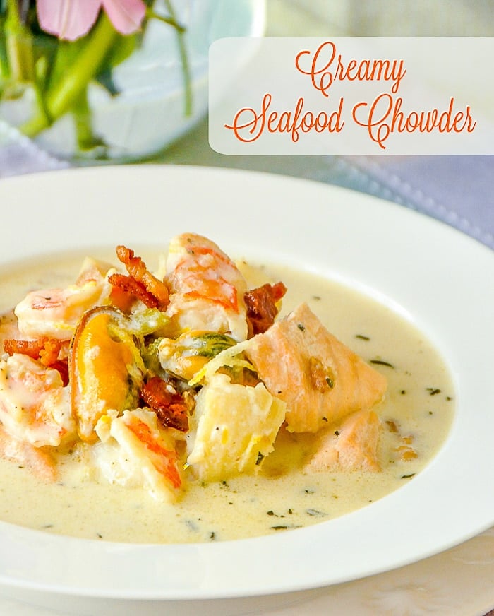 Creamy Seafood Chowder photo with title text for Pinterest