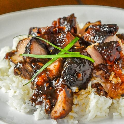 Asian Glazed Pork Belly close up photo of a single serving for recipe featured image