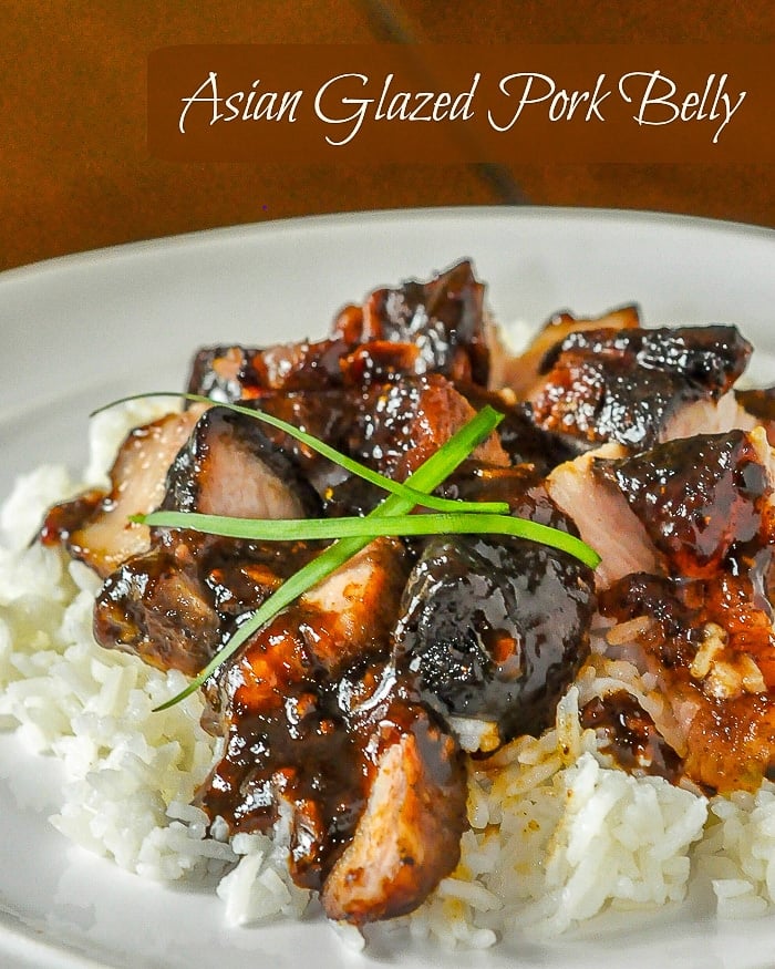 Asian Glazed Pork Belly photo with title text for Pinterest