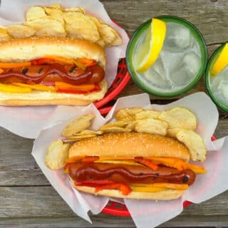 Spicy Chicken Frankfurters with Bell Pepper Slaw and Sriracha Ketchup