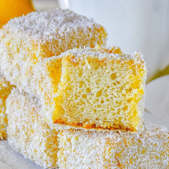 Lemon Lamingtons close up image.