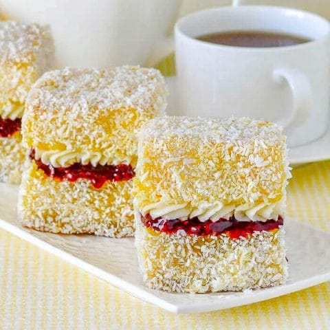 Lemon Lamingtons close up photo with raspberry filling