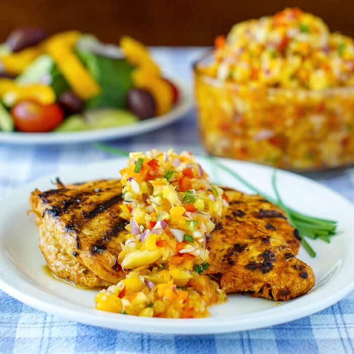 Pineapple Salsa on Lemon Paprika Grilled Chicken