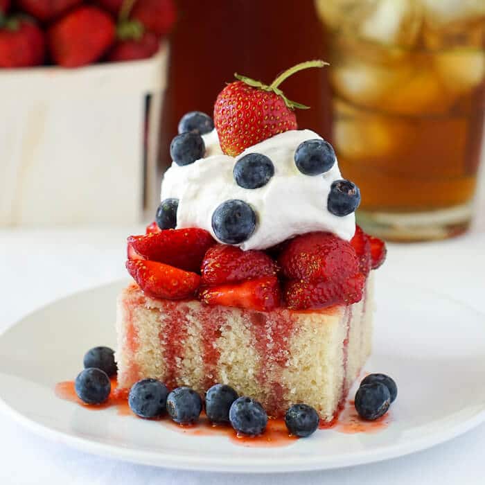 White Velvet Strawberry Shortcake dressed up with blueberries for the 4th of July