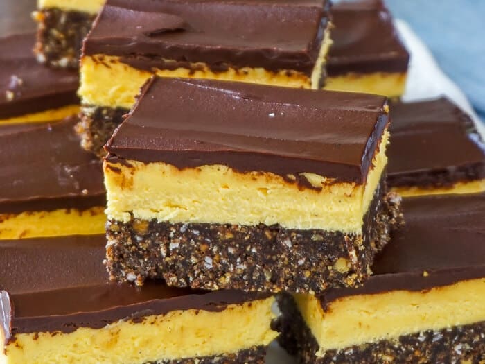 Nanaimo Bars. New and Improved! Close up view of cut cookie bars.