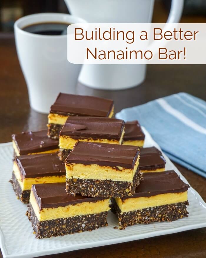 Nanaimo Bars. New and Improved!. Image with title text for Pinterest.