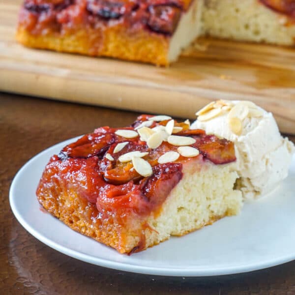 Almond Plum Cake, quick, easy & best served warm with vanilla ice cream!