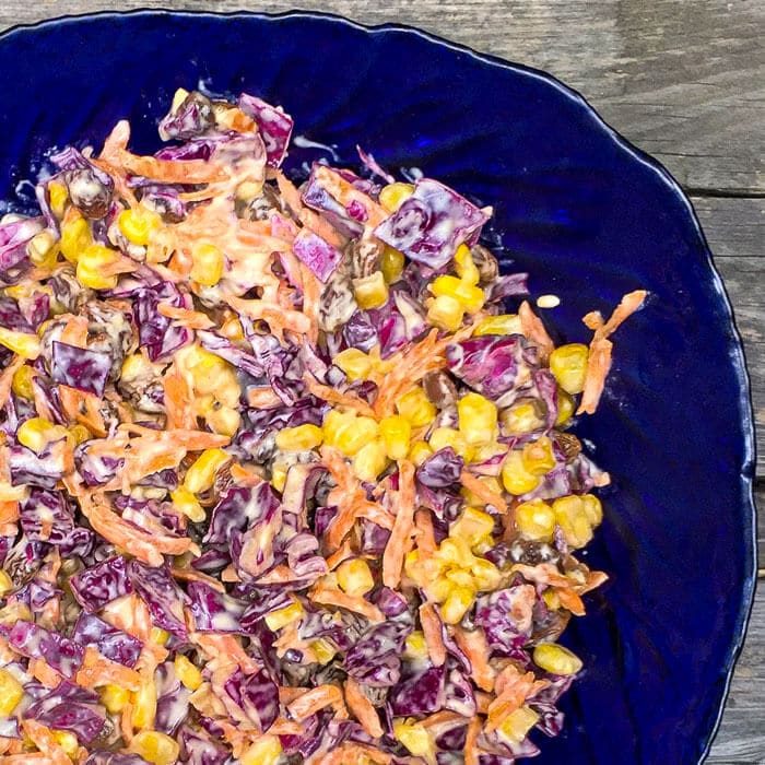 Red Cabbage Coleslaw with corn & golden raisins.