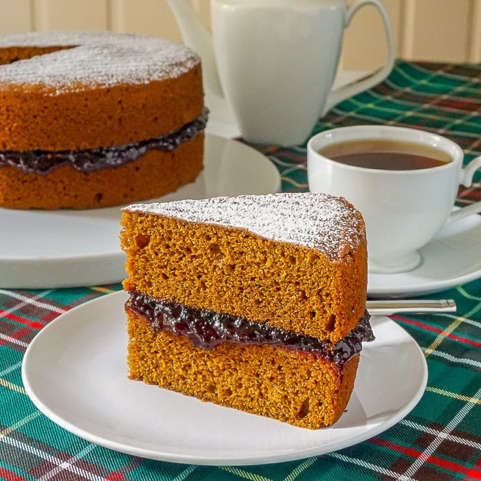 Jam Jam Cake close up photo of single slice on white plate