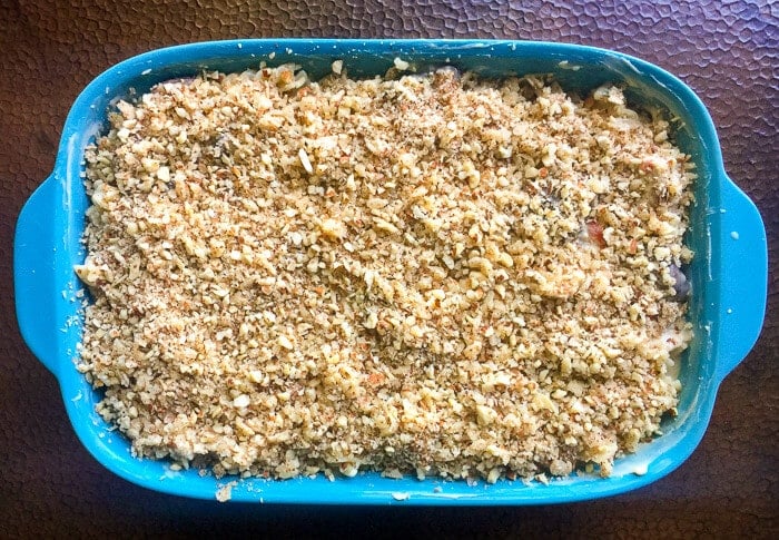 Turkey Tetrazzini with Almond Parmesan Crust ready for the oven