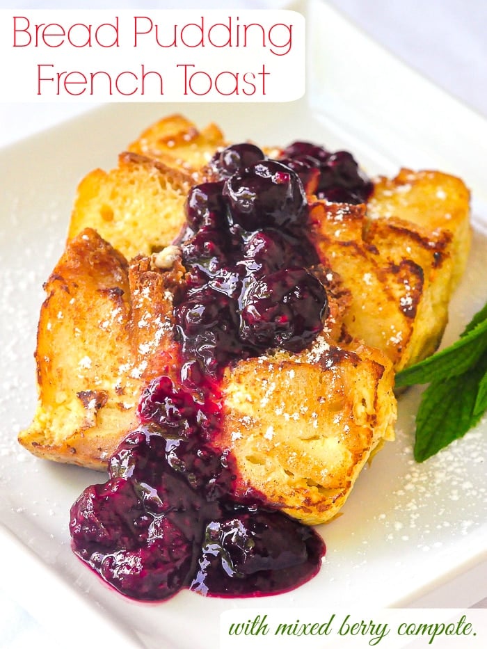 Bread Pudding French Toast photo of one serving on a white plate with title text added for Pinterest