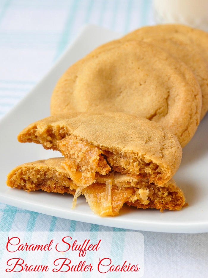 Caramel Stuffed Brown Butter Cookies Photo of broken open cookie with title text added for Pintertest