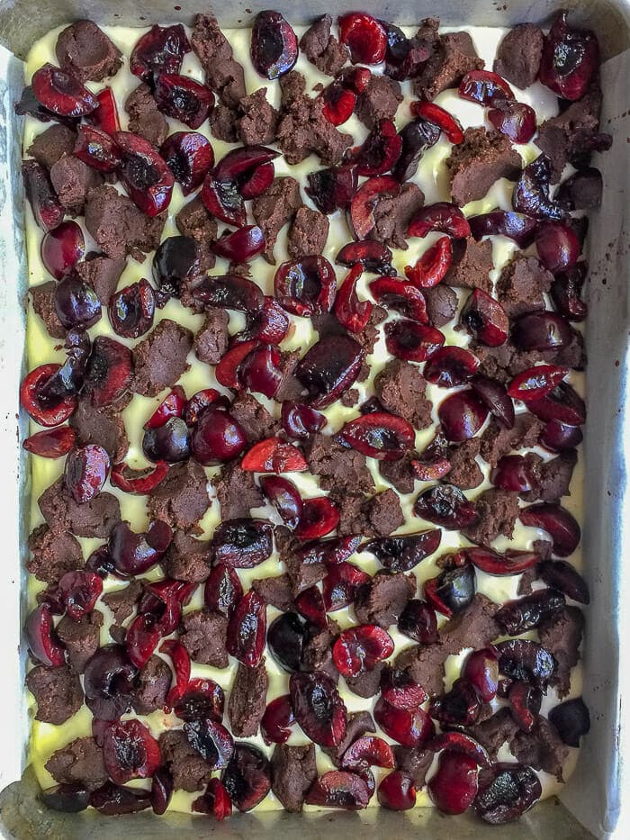 Chocolate Cherry Cheesecake Bars ready for the oven