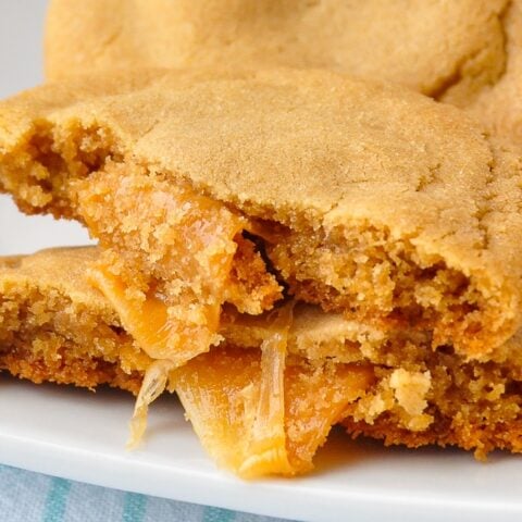 Close up of melting caramel in Caramel Stuffed Brown Butter Cookies