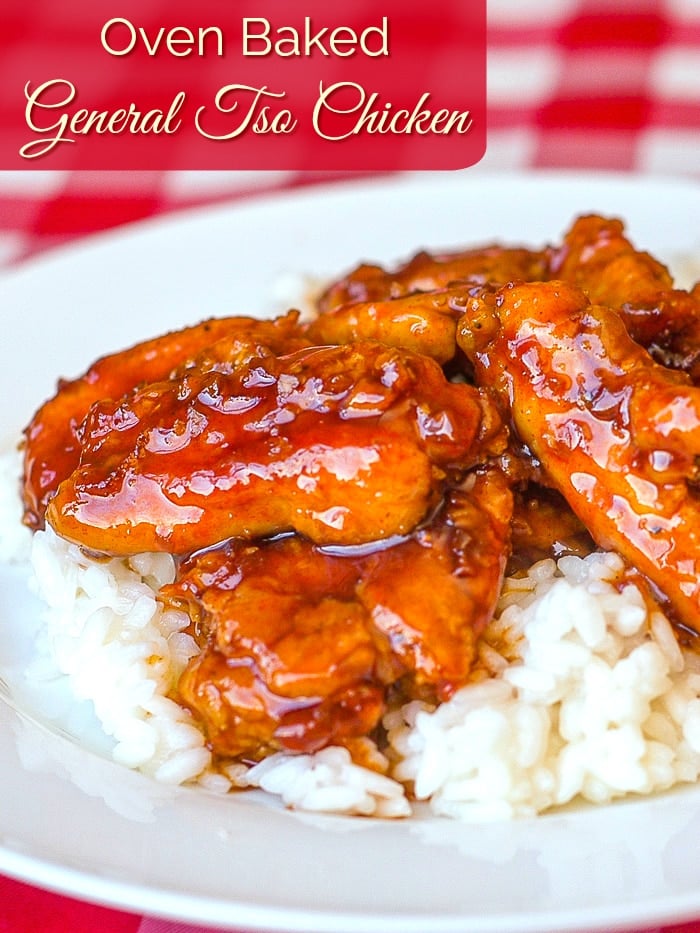 General Tso Chicken photo served on rice with title text added for Pinterest