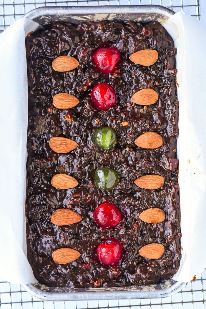 Overhead shot of a loaf sized old english fruitcake ready for the oven