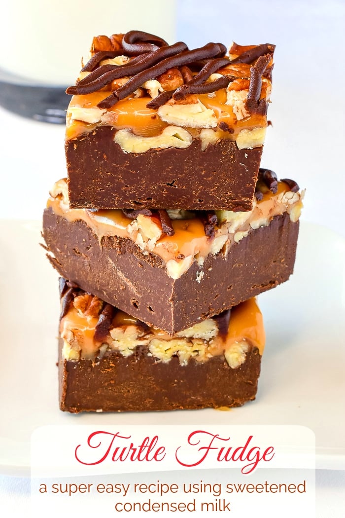 Turtle Fudge photo of stacked fudge pieces with title text added for Pinterest