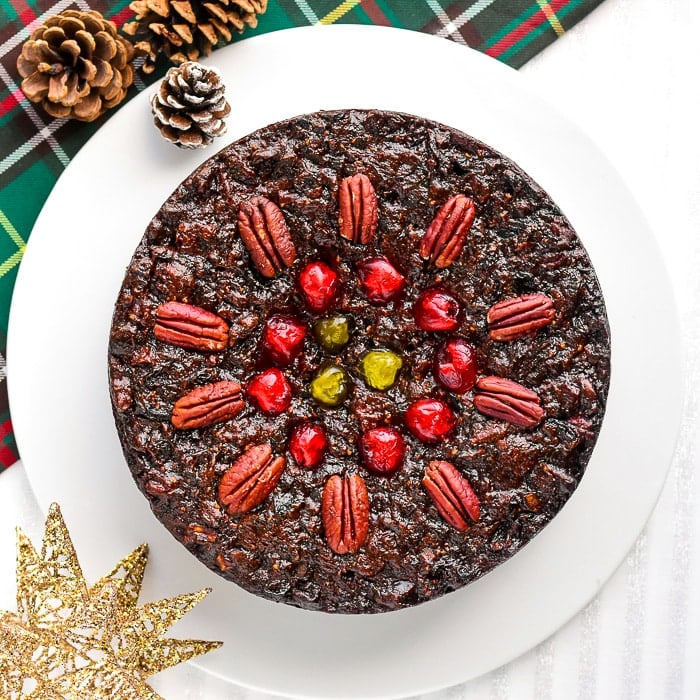 overhead photo of Old English Fruitcake on a white plate