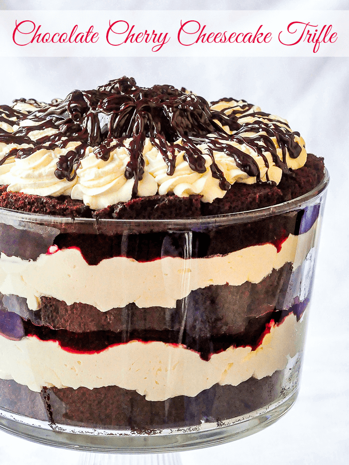 Chocolate Cherry Cheesecake Trifle image with title text for social media