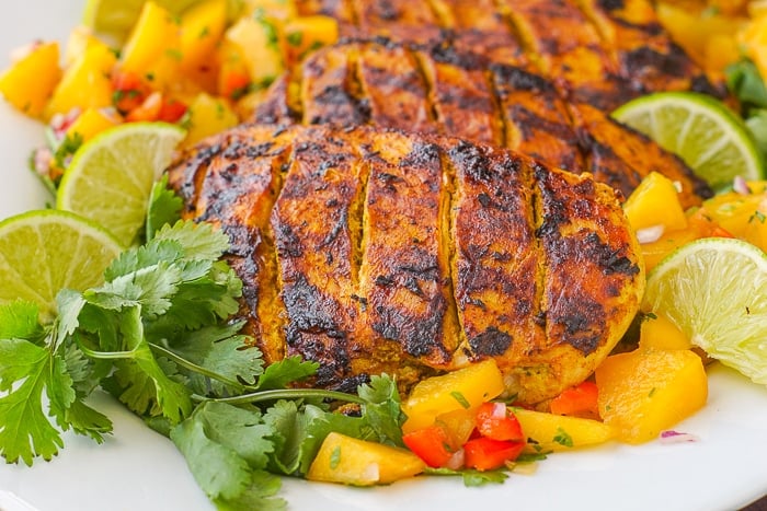 Tandoori Grilled Chicken close up photo of chicken ands peach salsa