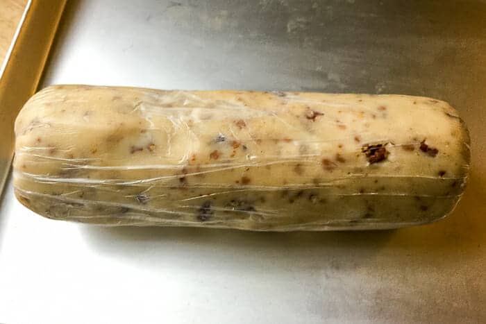 Toffee Pecan Shortbread Cookies Dough well chilled and ready to slice.