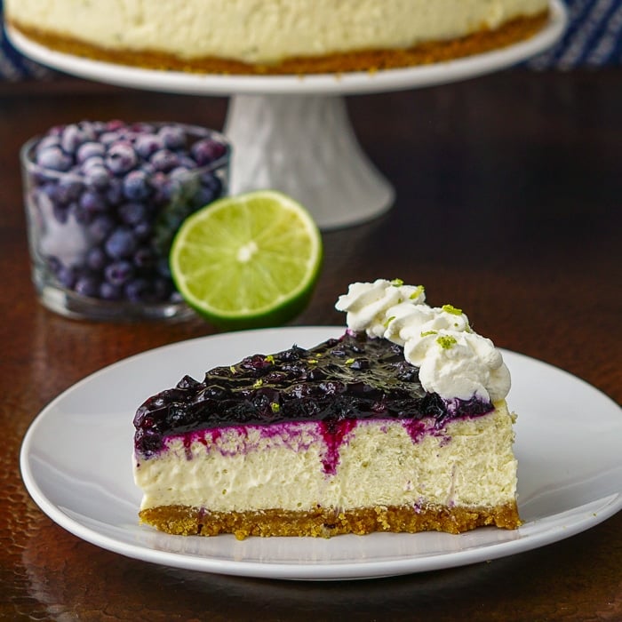 Blueberry Lime Cheesecake photo of cut slice.