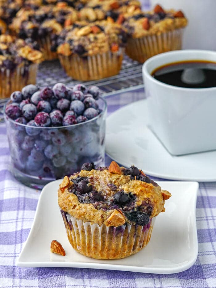 Blueberry Almond Butter Muffins shown with coffee