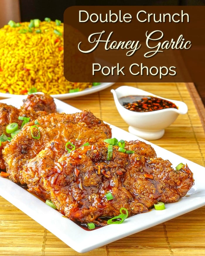 Double Crunch Honey Garlic Pork Chops photo with title text for Pinterest