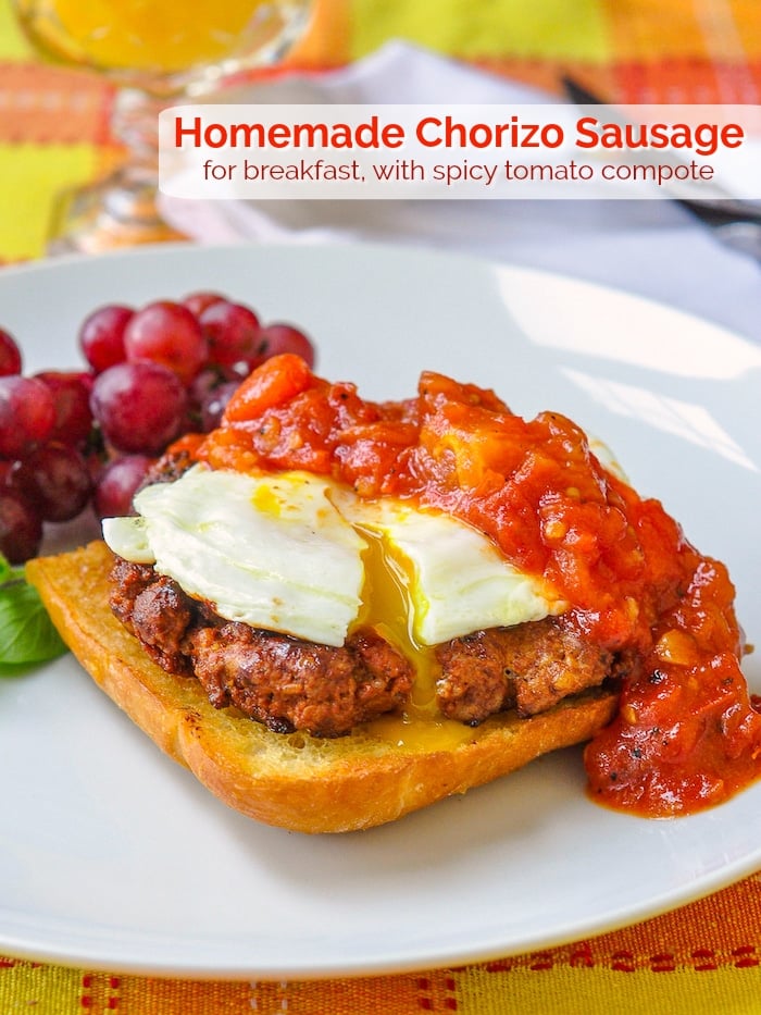 Homemade Chorizo Sausage for breakfast with added title text for Pinterest