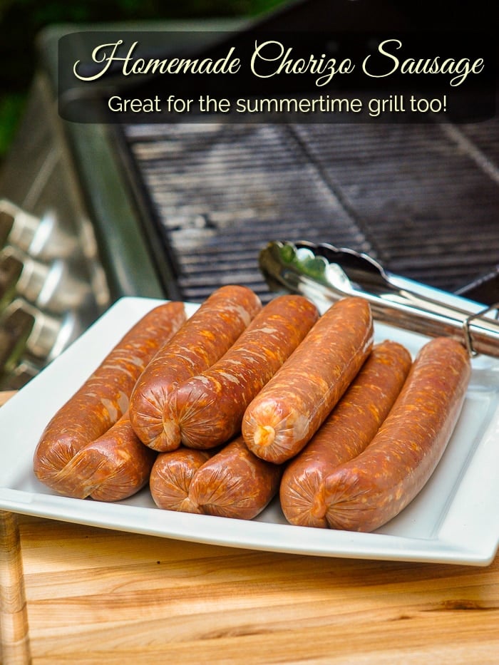 Homemade Chorizo Sausage pictured beside a gas grill with title text added for Pinterest