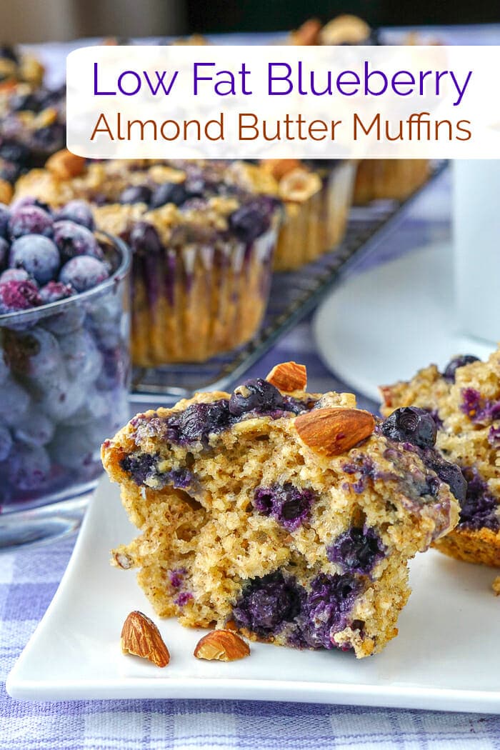 Low Fat Blueberry Almond Butter Muffins image with title text for Pinterest