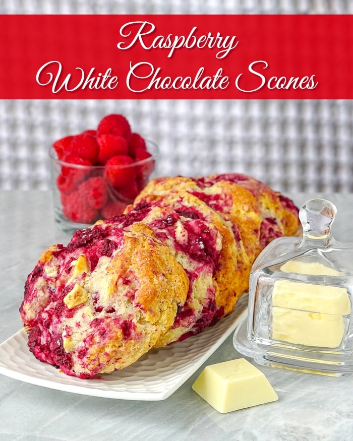 Raspberry White Chocolate Scones image with title text for Pinterest