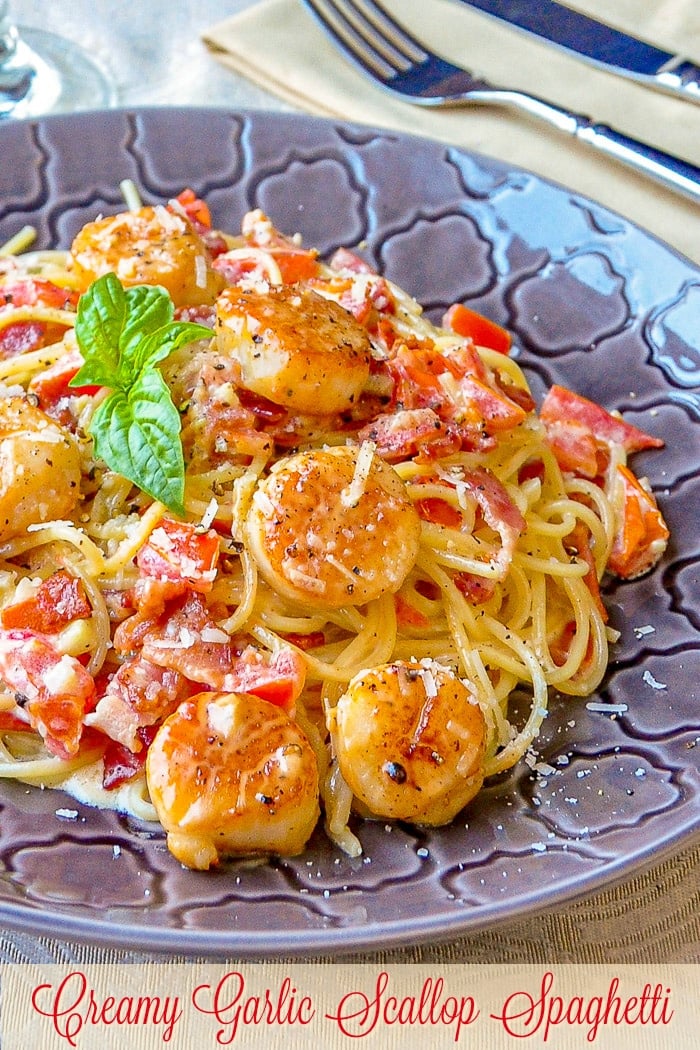 Creamy Garlic Scallop Spaghetti with Bacon photpo with title text added for Pinterest