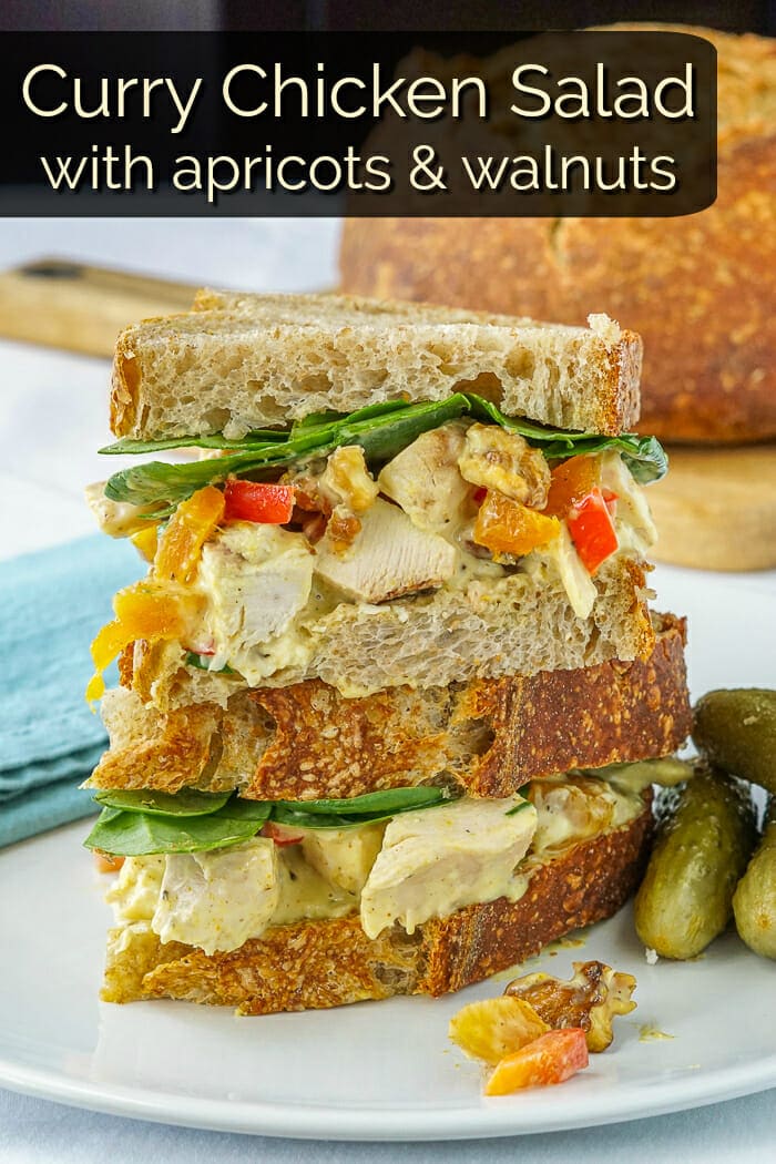 Curry Chicken Salad with apricots and walnuts, image with added title text