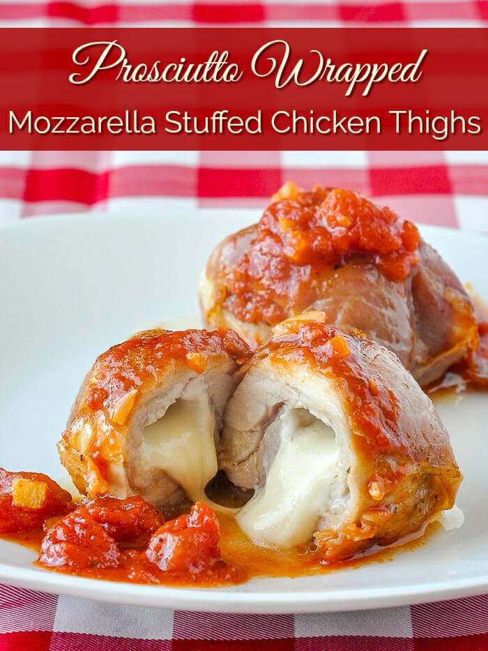 Stuffed Chicken Thighs photo of cut chicken piece oozing cheese for Pinterest.