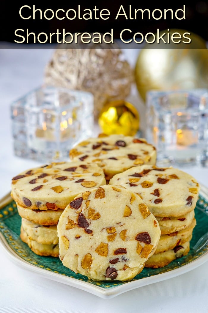 Chocolate Almond Shortbread Cookies image with title text for Pinterest