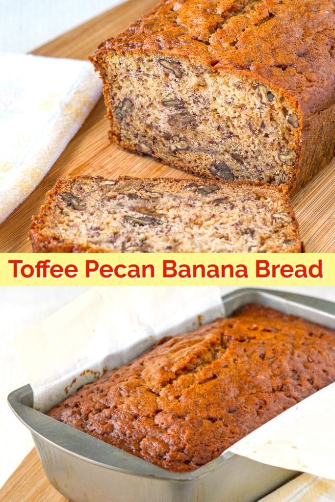 Toffee Pecan Banana Bread. Easy to make, but oh so moist & delicious!