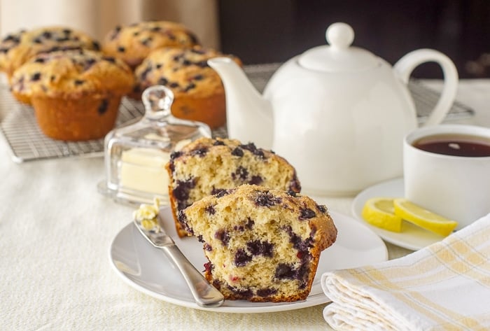 Bakery Style Blueberry Muffins wide shot of tea service