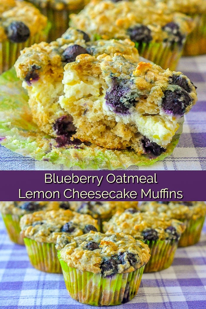 Blueberry Oatmeal Lemon Cheesecake Muffins image collage with title text for Pinterest