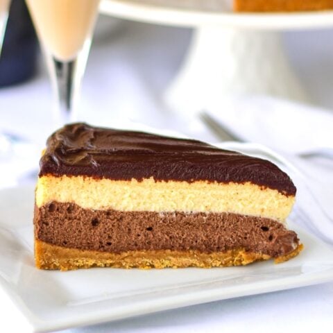 lose up photo of one slice of Chocolate Truffle Irish Cream Cheesecake