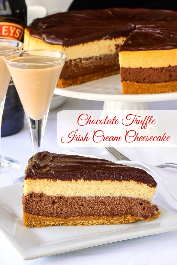 Chocolate Truffle Irish Cream Cheesecake photo with title text added for Pinterest