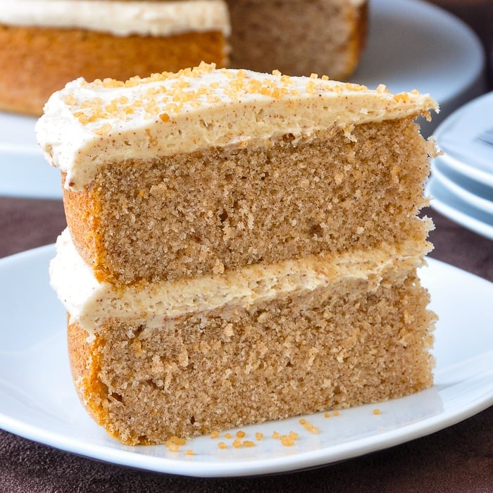 Spice Velvet Cake close up photo of a single slice on a white plate