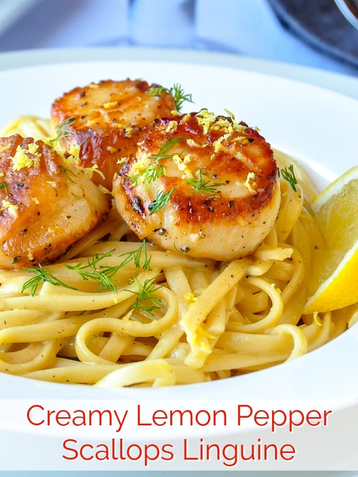 Creamy Lemon Pepper Scallops Linguine photo with title text for Pinterest