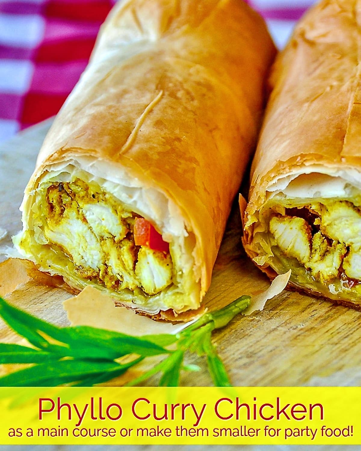 Phyllo Curry Chicken photo with title text for Pinterest and social media posts.