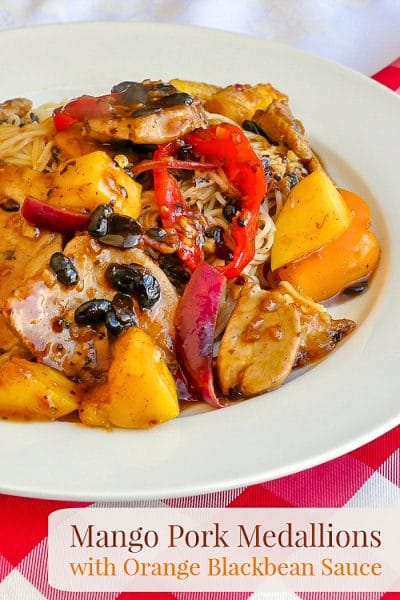 Mango Pork Medallions with Orange Blackbean Sauce photo of one serving with title text for Pinterest