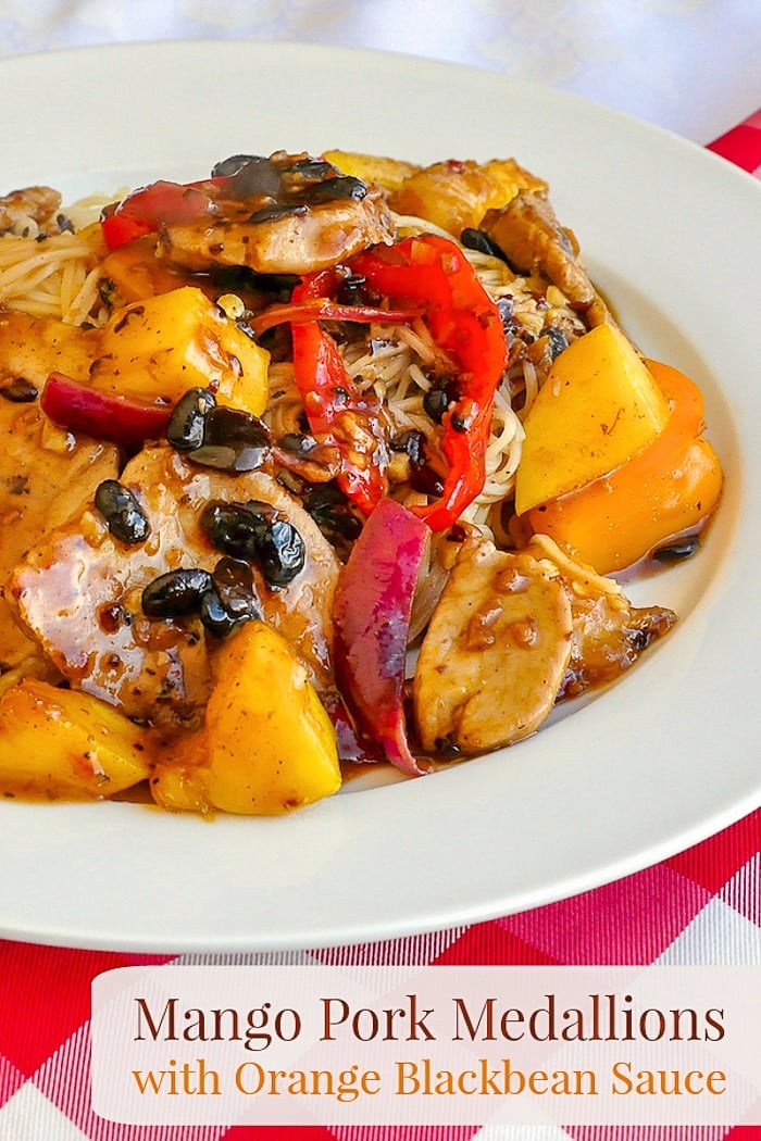 Mango Pork Medallions with Orange Blackbean Sauce photo of one serving with title text for Pinterest